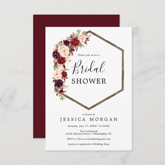 Boho Burgundy Bridal Shower Invitation Card (Front/Back)