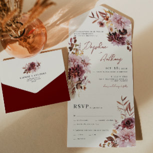 Boho Burgundy Dahlia All in One Wedding Invite