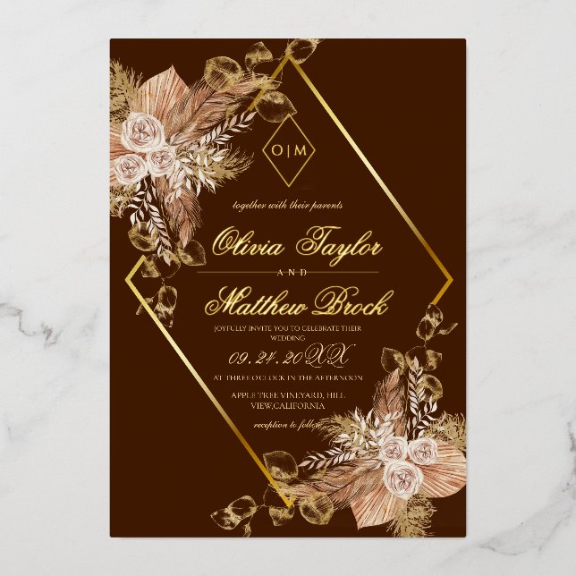 Boho Burgundy Diamond Gold Wedding Foil  (Front)