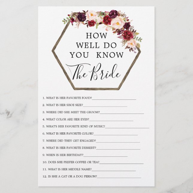 Boho Burgundy Double Sided Bridal Shower Games (Front)
