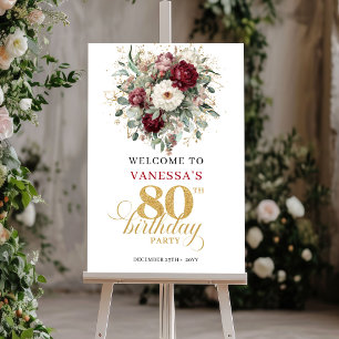 Boho Burgundy Eucalyptus 80 Birthday Welcome Sign