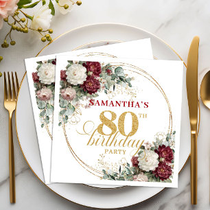 Boho Burgundy Eucalyptus 80th Birthday Napkins