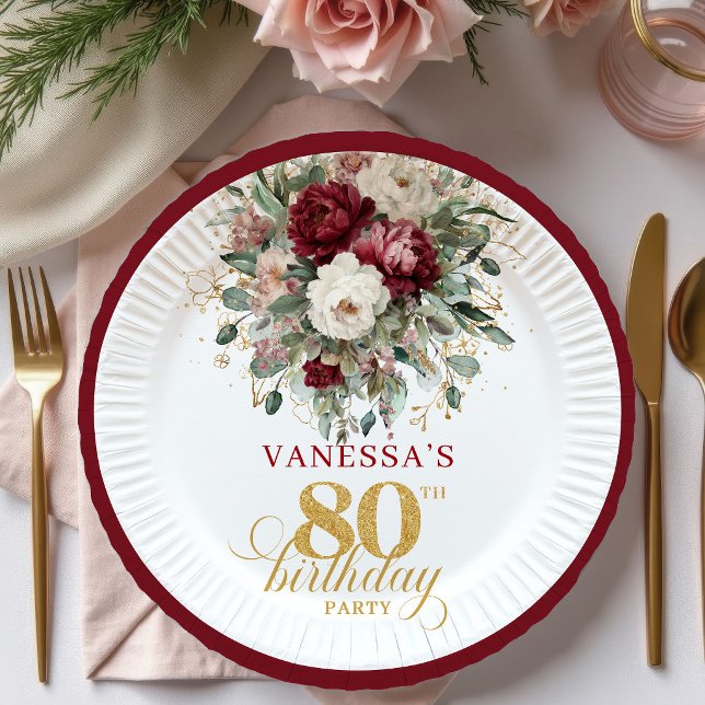 Boho Burgundy Eucalyptus 80th Birthday Paper Plate (Boho Burgundy Eucalyptus 80th Birthday Paper Plates)