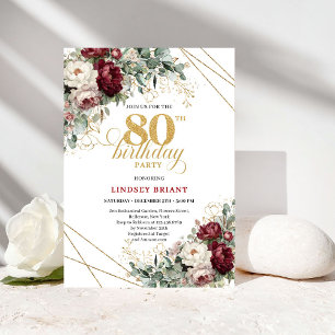 Boho Burgundy Eucalyptus Floral 80th Birthday Invitation