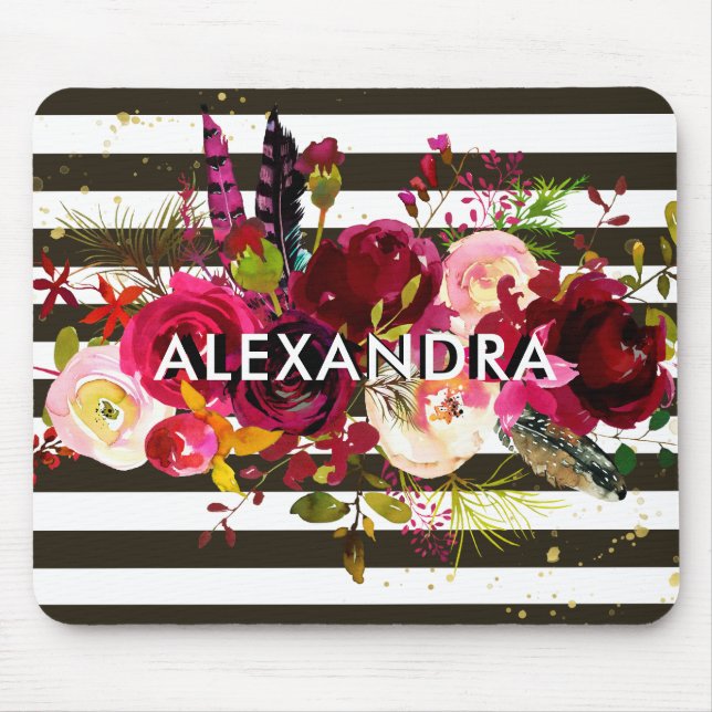 Boho Burgundy Floral | Black and White Stripes Mouse Pad (Front)