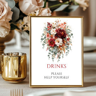 Boho Burgundy Floral Drinks 8x10 Tabletop Sign