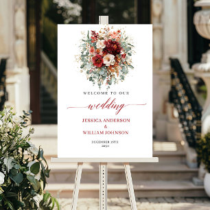 Boho Burgundy Floral Eucalyptus Fall Welcome Sign