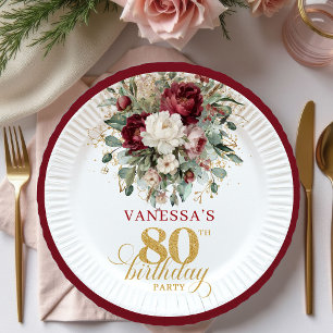 Boho Burgundy Floral Gold 80th Birthday Paper  Plate