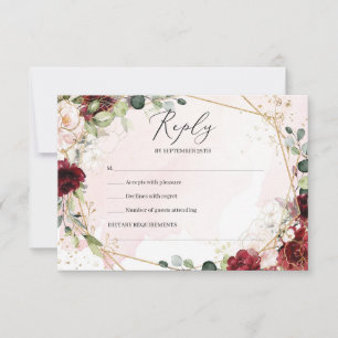 Boho burgundy floral gold geometric wedding  RSVP card