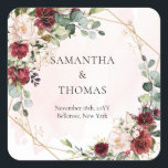 Boho burgundy floral gold geometric wedding square sticker<br><div class="desc">Oh, let me tell you all about the stunning Blush Burgundy roses, eucalyptus, and gold frame wedding stationery collection! Imagine delicate Blush Burgundy roses intertwined with fresh eucalyptus leaves, elegantly framed in shimmering gold accents – it's a dreamy combination that exudes romance and sophistication. This collection is perfect for couples...</div>