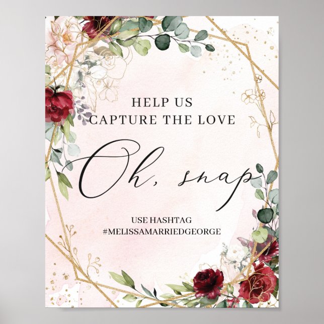Boho burgundy floral gold wedding oh snap sign (Front)