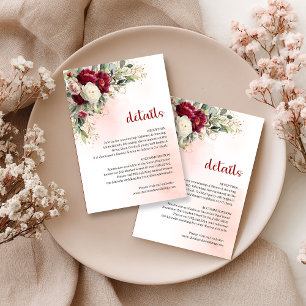 Boho Burgundy Floral Greenery Gold Wedding Details Enclosure Card