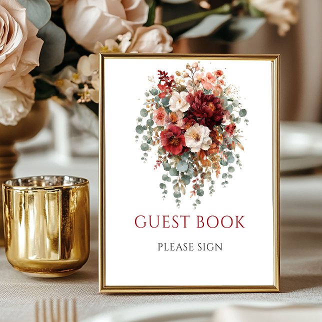 Boho Burgundy Floral Guest Book 8x10 Tabletop (Maroon Autumn Floral Guest Book Wedding Tabletop)