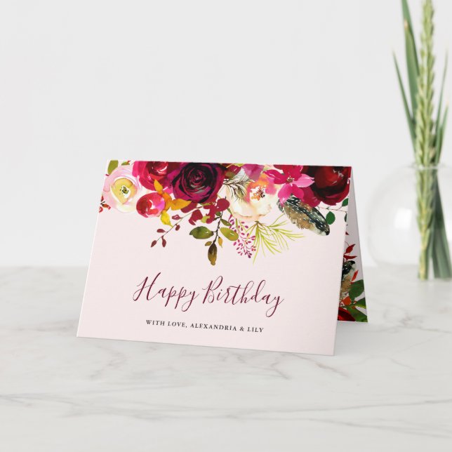 Boho Burgundy Floral | Happy Birthday Card (Front)
