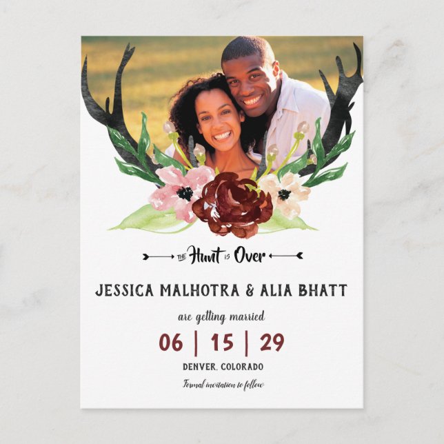 Boho Burgundy Floral Hunt is Over Save The Date Announcement Postcard (Front)