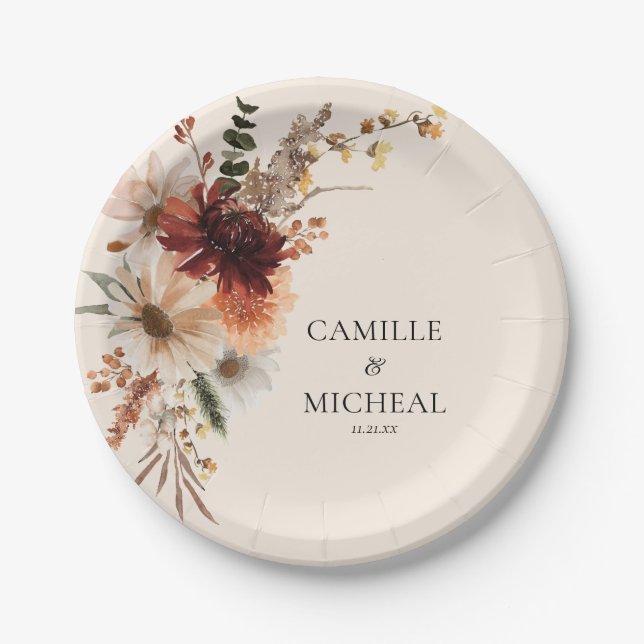 Boho Burgundy Floral Wedding Paper Plate (Front)
