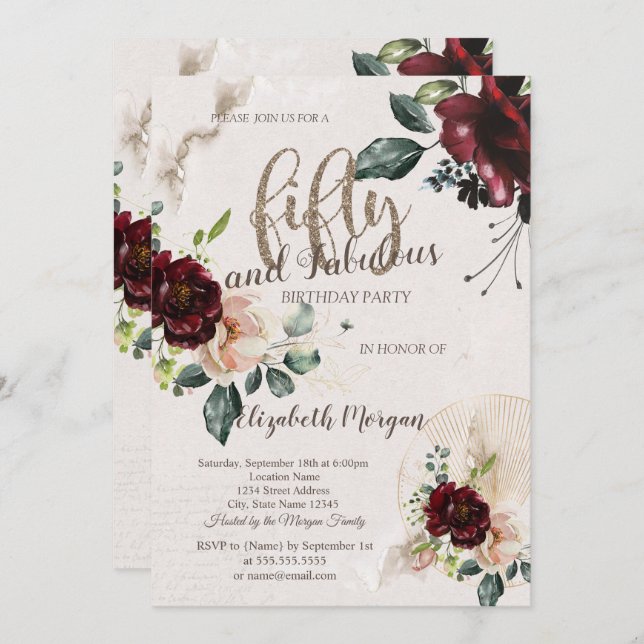 Boho Burgundy Flowers 50th Birthday Party  Invitation (Front/Back)