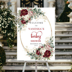 Boho Burgundy Flowers Gold Baby Shower Welcome Poster