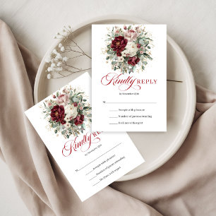 Boho Burgundy Flowers Greenery Gold Wedding RSVP  Card