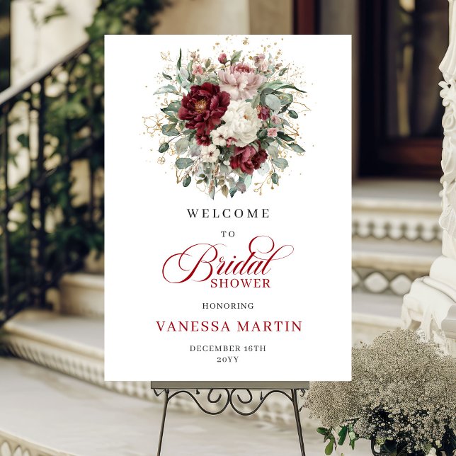 Boho Burgundy Flowers Greenery Gold Welcome Poster (Boho Burgundy Flowers Greenery Gold Welcome Poster)