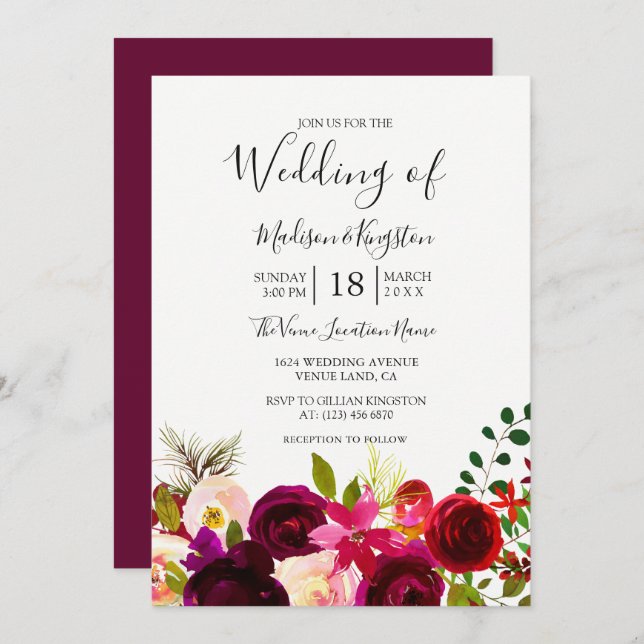 Boho Burgundy Flowers Spring Autumn Wedding Invite (Front/Back)