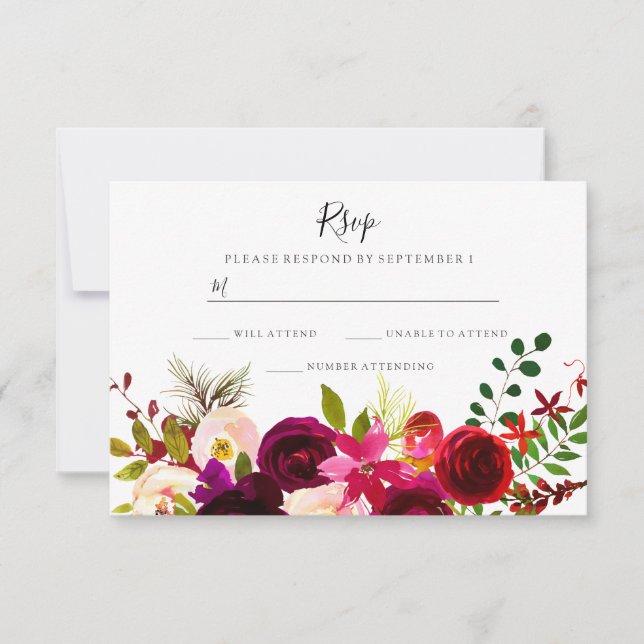 Boho Burgundy Flowers Spring Autumn Wedding RSVP (Front)