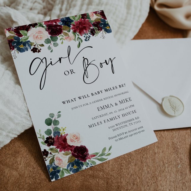 Boho Burgundy Girl or Boy Gender Reveal Invitation (Creator Uploaded)