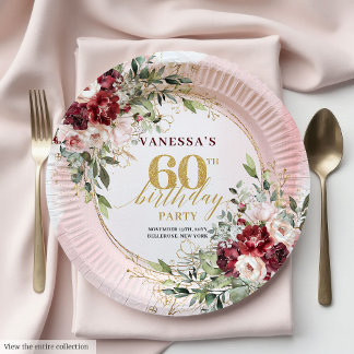 Boho Burgundy Gold Floral Elegant 60th Birthday Paper Plate