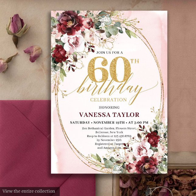 Boho Burgundy Gold Frame Floral 60th Birthday Invitation (Boho Burgundy Gold Frame Floral 60th Birthday)