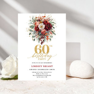 Boho Burgundy Gold Greenery 60th Birthday Invite