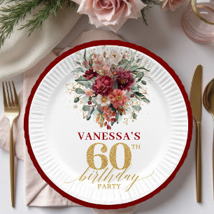 Boho Burgundy Gold Greenery 60th Birthday Paper Pl Plate