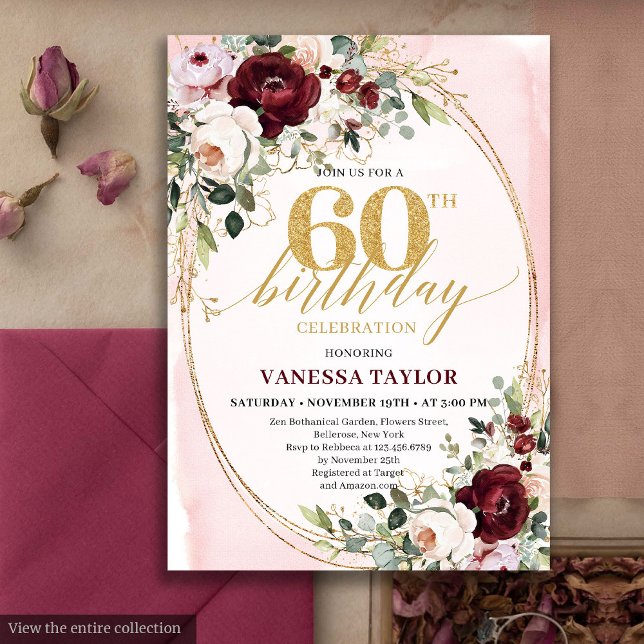 Boho Burgundy Gold Oval Floral 60th Birthday Card (Boho Burgundy Gold Oval Floral 60th Birthday)
