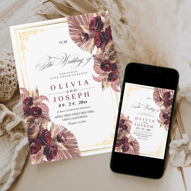 Boho Burgundy Gold Rose Floral Rustic Wedding Invitation (Creator Uploaded)