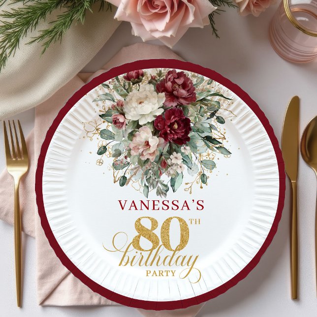 Boho Burgundy Greenery 80th Birthday Paper Plates (Boho Burgundy Greenery 80th Birthday Paper Plates)