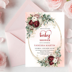 Boho Burgundy Greenery Heart-Shaped Font Baby Show Invitation