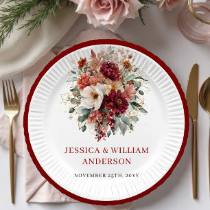 Boho Burgundy Greenery Wedding Paper Plates Design