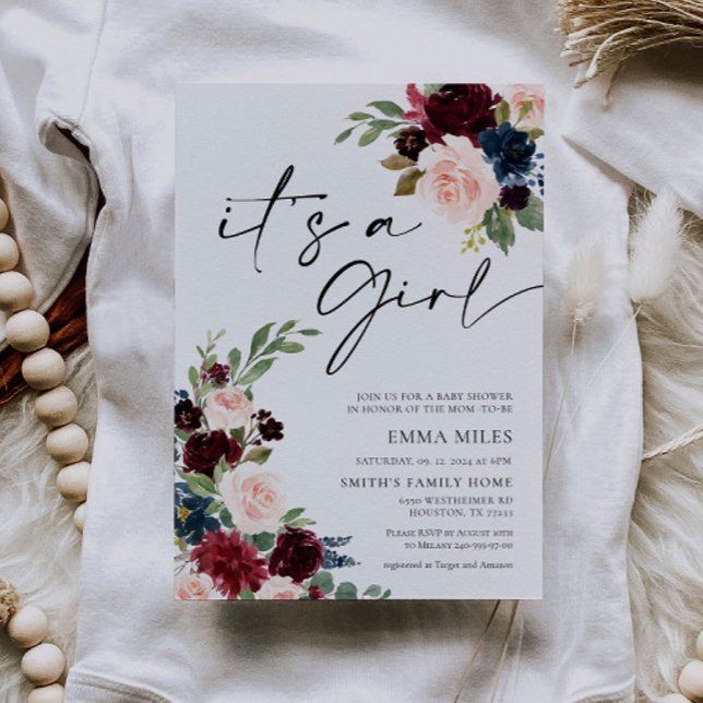 Boho Burgundy It's a Girl Baby Shower Invitation (Creator Uploaded)