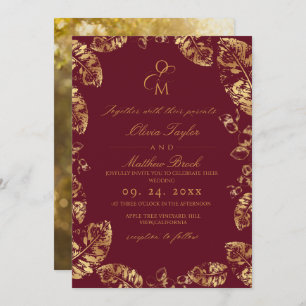 Boho Burgundy Leaf   Elegant Fall Wedding Invitation