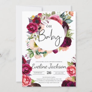 Boho Burgundy Maroon Florals Baby Shower Invite