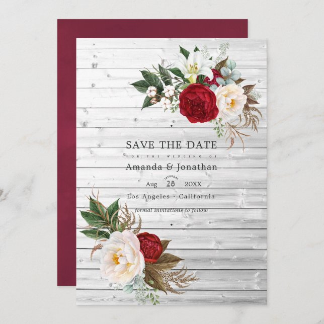 Boho Burgundy - Marsala Floral Bohemian Wedding Save The Date (Front/Back)