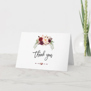 Boho Burgundy Marsala Floral Handwriting Thank you Card