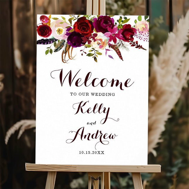 Boho Burgundy Marsala Floral Welcome Wedding Sign (Creator Uploaded)