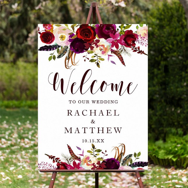 Boho Burgundy Marsala Floral Welcome Wedding Sign (Creator Uploaded)