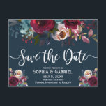 Boho Burgundy Marsala Navy Floral Save the Date Announcement Postcard<br><div class="desc">Chich burgundy,  marsala,  navy painted watercolor roses,  botanical blush floral arrangement wedding design with green leaveson charcoal on navy blue background. Feature an elegant handwritten typography design with text „Save the Date”. Great choise for fall or winter weddings. #3339 If you need help or matching items,  please contact me.</div>