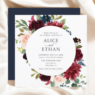 Boho Burgundy Navy Blue Flowers Elegant Invitation