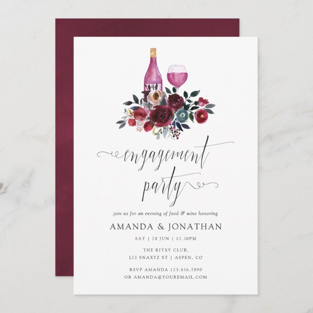 Boho Burgundy & Navy Engagement Party Wine Tasting Invitation (Front/Back)