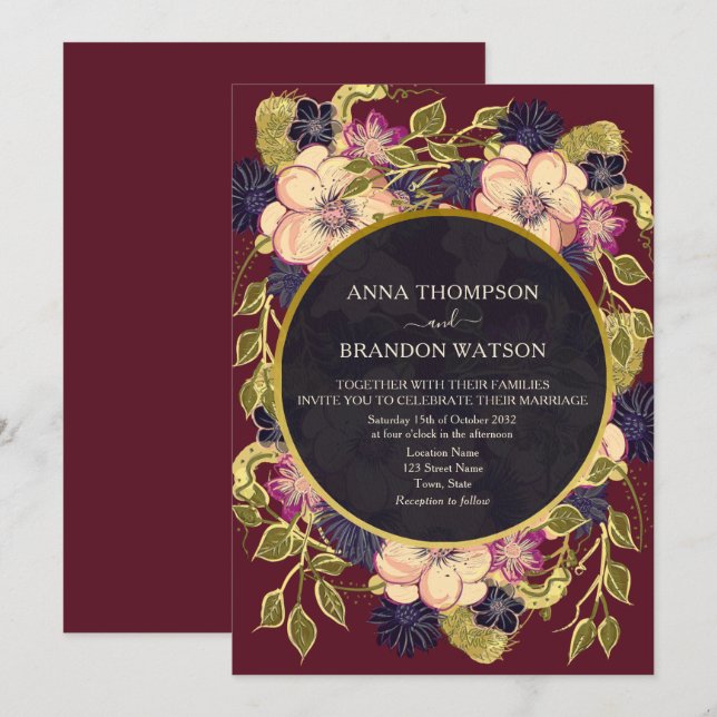 Boho Burgundy Navy Floral Wedding Invite (Front/Back)