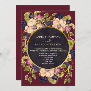 Boho Burgundy Navy Floral Wedding Invite