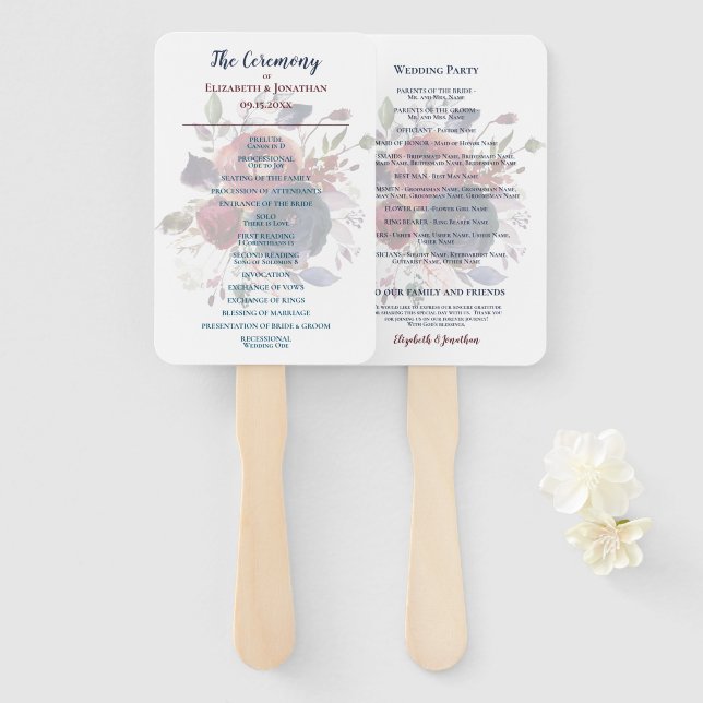 Boho Burgundy Navy Mauve Floral Wedding Hand Fan (Front and Back)