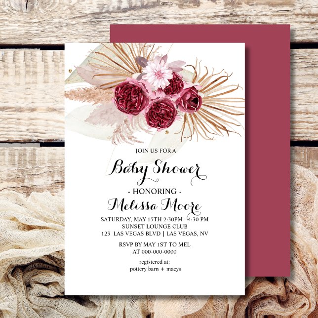 Boho Burgundy Pampas Grass Baby Shower Invitation (Creator Uploaded)